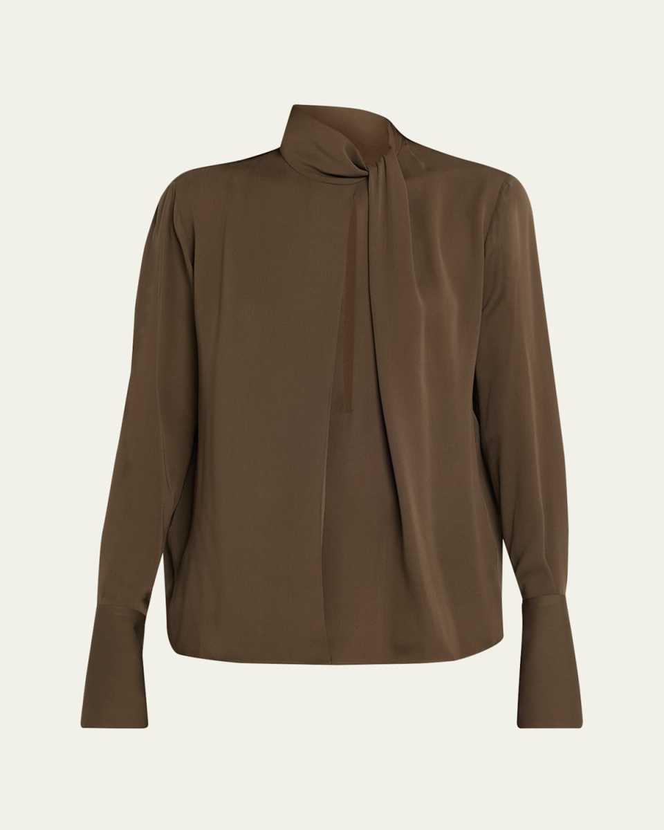 Twisted-Neck Silk Long-Sleeve Shirt